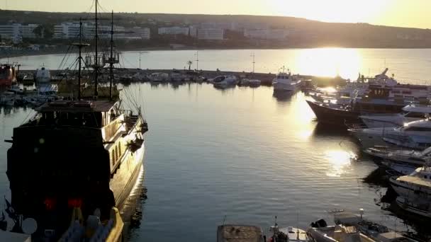 Aerial Shot Small Tourist Fishing Harbor Sunrise Ayia Napa Cyprus — Stock videók