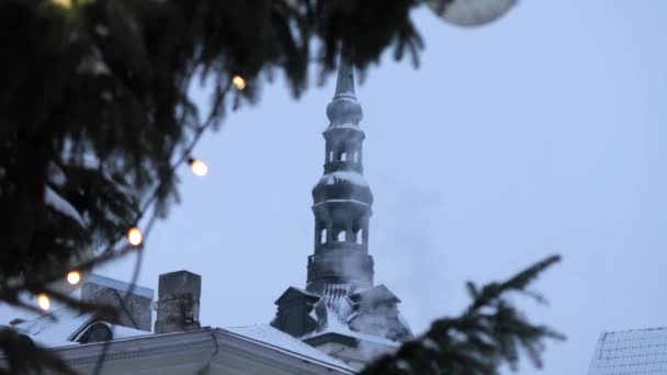 Church Tower Tallinn Old Town Seen Branches Christmas Tree Decorated — Vídeo de stock