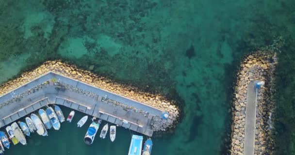 Aerial Shot Small Fishing Tourist Harbor Holiday Resort Overhead Shot — Vídeo de Stock