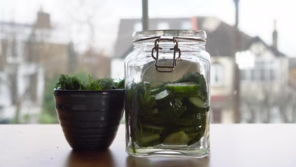 Pouring Hot Liquid Jar Filled Cucumber Pickling Pickles Gherkins — Stock video