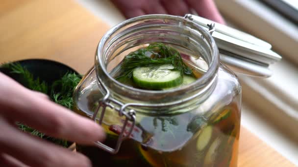Closing Jar Food Pickles Pickled Cucumber Gherkins — Stock videók