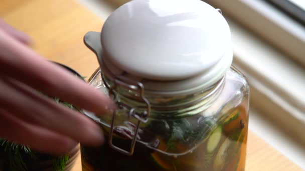 Opening Jar Fresh Pickles Eating Slice — Video Stock