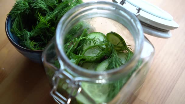 Pouring Hot Vinegar Jar Filled Cucumber Pickles Gherkins — Stock video