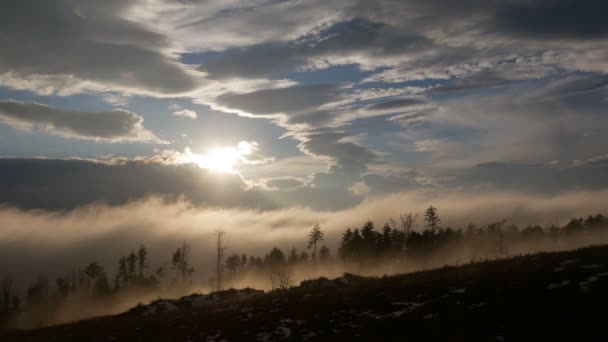 Dynamic Atmosphere Mountain Landscape Storm Clouds Hide Sun Fog Moves — Αρχείο Βίντεο