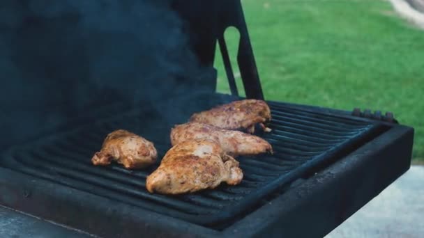 Various Shots Grilling Cooking Chicken Apartment Style Bbq Grill — Stock video