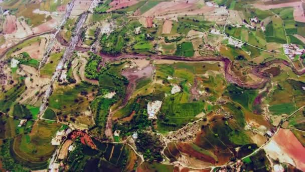 Aerial View Farm Land Small Farming Community River Agricultural Crops — Stok video