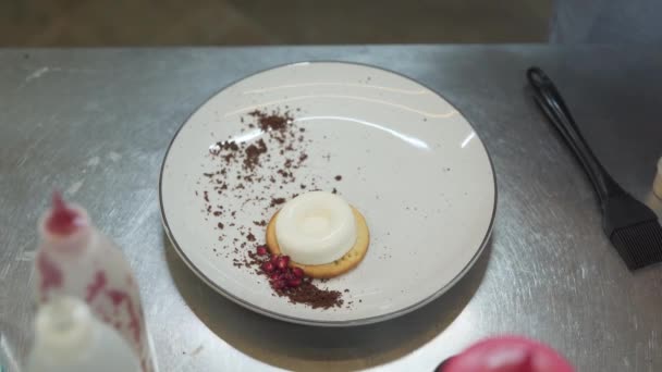 Chef Hands Decorating Sweet Dessert Chocolate Crumbs Pieces Fruit White — Αρχείο Βίντεο