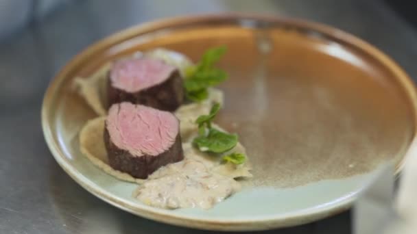 Process Decorating Beef Steak Medium Well Sour Cream Basil — Vídeo de Stock