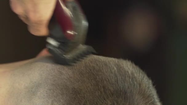 Barber Uses Haircut Machine Trim Hair Side Close Video Vertical — Stok video
