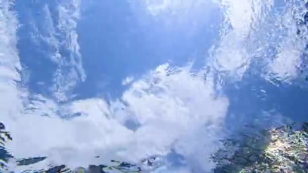 Camera Lying Bottom Pool Filming Blue Sky Clouds Surface Corner — Stock videók
