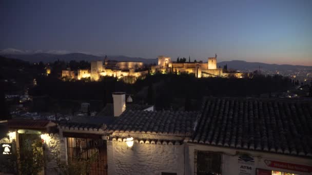 Utsikt Över Alhambra Solnedgången Natten — Stockvideo