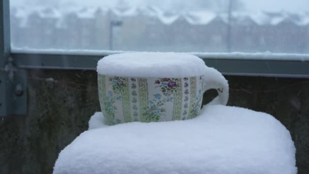 Чашка Чая Цветочный Горшок Покрыта Снегом Время Снежной Бури Зимой — стоковое видео