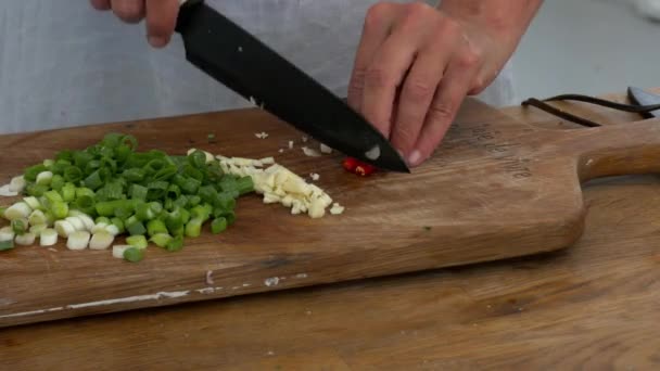 Slicing Fresh Hot Chillies Board Celery Garlic Preparation Cook — Stock videók