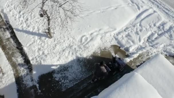 Aerial Top View Man Using Snow Blower Camera Rotation — Stok video