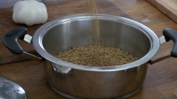 Pouring Lentils Stainless Pot Shaking Soaking — Stock video