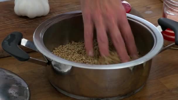 Adding Salt Pot Lentils Hand Stirring Soaking — Video Stock