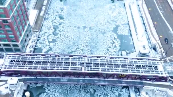 Aerial Footage Frozen Chicago River 2019 Polar Vortex — Stok video