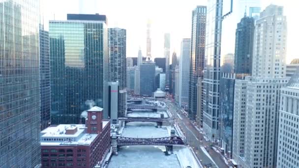 Aerial Footage Frozen Chicago River 2019 Polar Vortex — Wideo stockowe