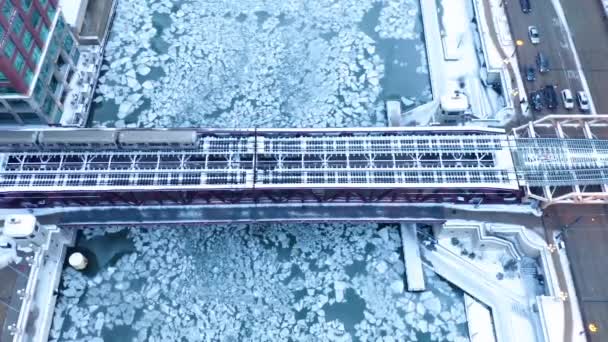 Aerial Footage Frozen Chicago River 2019 Polar Vortex — Wideo stockowe