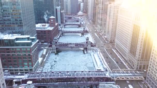 Aerial Footage Frozen Chicago River 2019 Polar Vortex — Stockvideo