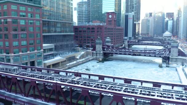 Aerial Footage Frozen Chicago River 2019 Polar Vortex — Stock video