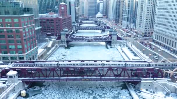 Aerial Footage Frozen Chicago River 2019 Polar Vortex — Wideo stockowe