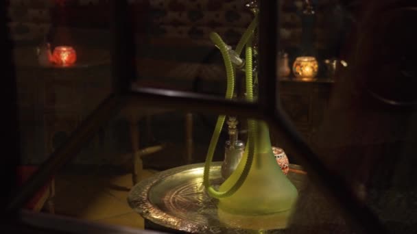 Close View Arabic Teashop Light Reflections Night Candles Hookahs — Stock Video