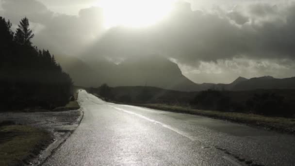 Slow Motion Road Trip Wet Street Scottish Highlands — Vídeos de Stock
