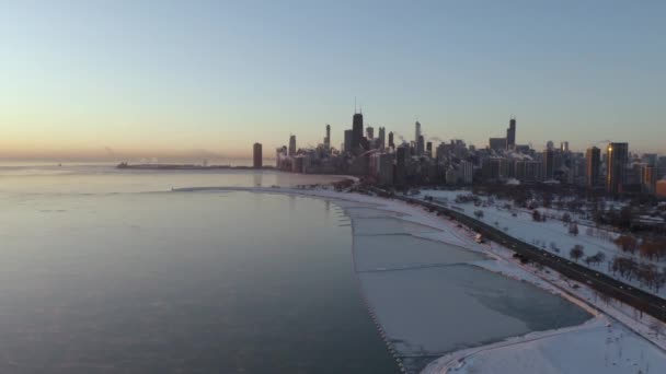 Повітряні Кадри Замороженого Озера Мічиган 2019 Році Polar Vortex Chicago — стокове відео