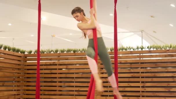 Fly Yoga Gym Woman Climbs Performs Physical Exercises Fly Yoga — Vídeo de Stock