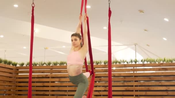 Fly Yoga Gym Woman Performs Physical Exercises Fly Yoga — Video