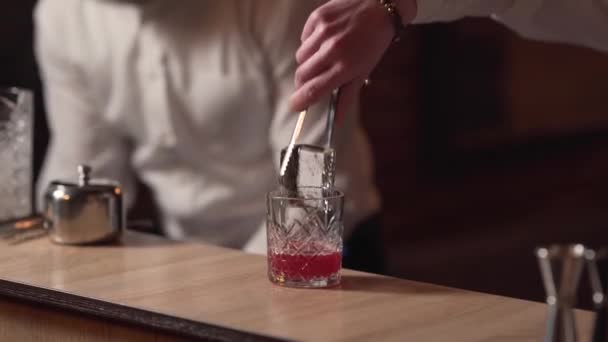 Professioneller Barkeeper Lässt Eiswürfel Einen Cocktail Fallen Und Mixt — Stockvideo