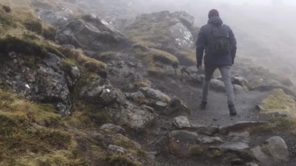 Slow Motion Man Border Collie Dog Hiking Trail Moody Day — Stock Video