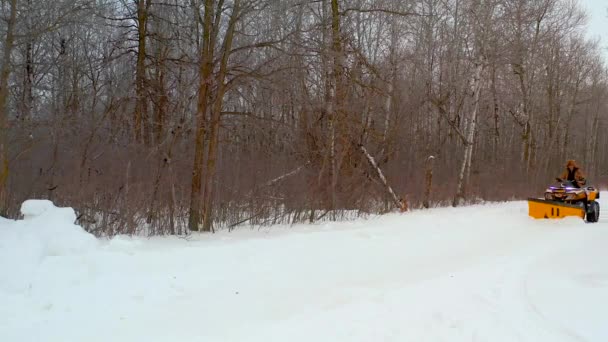 男は田舎のカナダの財産にAtvで彼の私道から雪をクリアします — ストック動画