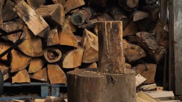 用斧头砍断木头的人的近身镜头 — 图库视频影像