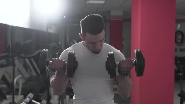 Fitness Trainer Lifts Two Dumbbells Getting Bigger Biceps Good Deltoids — Stock Video