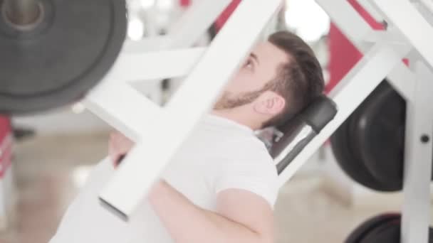 Sportsman Lifts Great Weights Sitting Position Order Bulk Good Shape — Stock Video