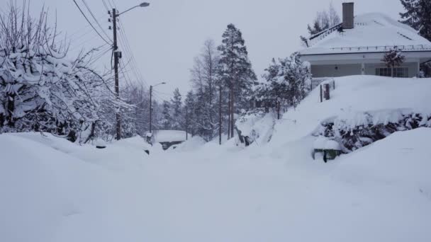Vista Estática Calle Llena Nieve Noruega Después Tormenta Nieve Invierno — Vídeos de Stock