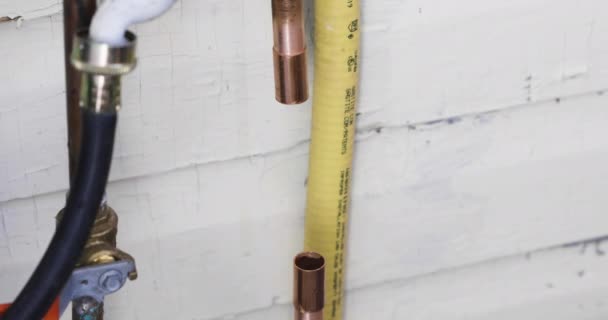 Copper Pipe Fitted Two Copper Couplers Water Pipe Repair — Video Stock