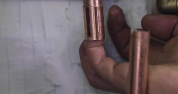 Flux Being Applied Copper Coupler Pipe Soldered Burst Pipe Repair — Stok video