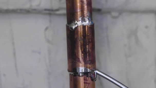 Solder Instantly Melting Copper Pipe Due Heat Propane Torch Closeup — Wideo stockowe
