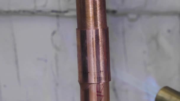 Copper Pipe Welded Using Solder Propane Torch Extreme Closeup — Video Stock
