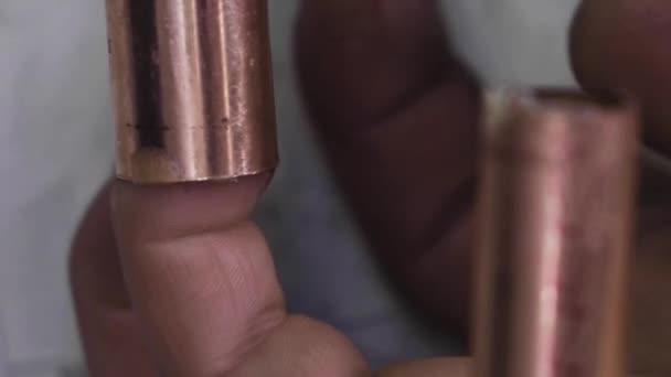 Extreme Closeup Man Finger Applying Flux Copper Pipe Soldering — Stock Video