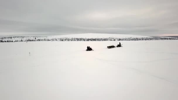 Drone View Snowscootering Saariselka Lapland Finland — Stockvideo