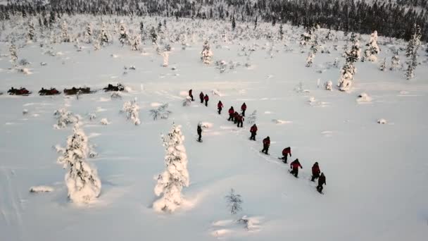 Drone View Snowshoe Walking Saariselka Lapland Finland — 图库视频影像