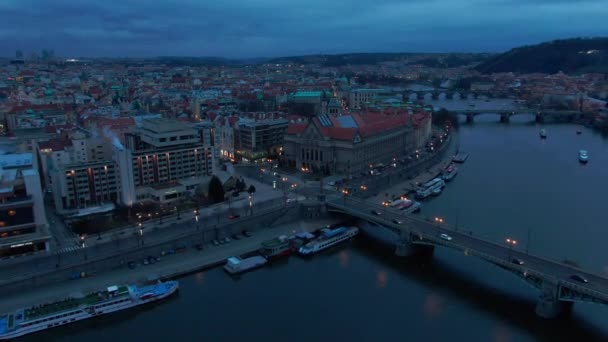 Prague Drone Vltava River Night — Stock Video