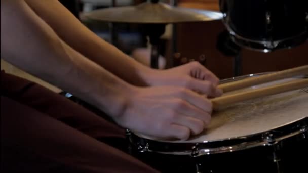 Drummer Sets Drumsticks Walks Away Drum Set — Stock Video