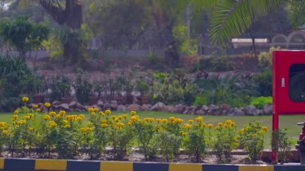 Feuerschlauchtrommel Brandschutzanlage Außerhalb Des Gebäudes Schöne Blumen Pflanzen Und Bäume — Stockvideo