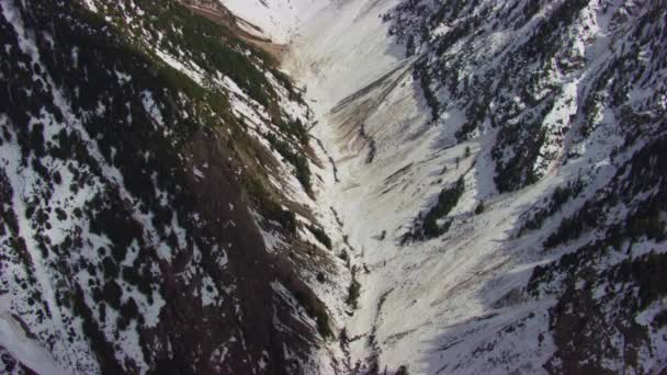 Lot Lotniczy Nad Szczytami Gór Otoczony Śniegiem Sosnowym Lasem Góry — Wideo stockowe