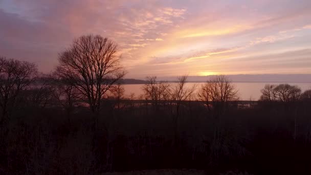 Lake Burtnieks Late Autumn Red Sky Sunset Aerial Wide View — Stock Video